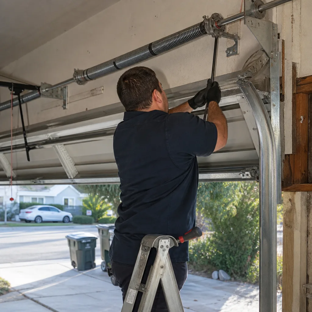 Technician performing an emergency garage door spring repair