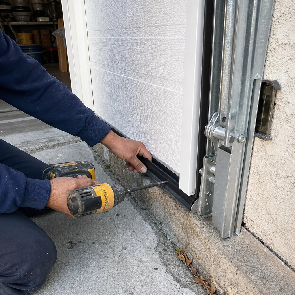 Two technicians installing a residential garage door system from ladders.
