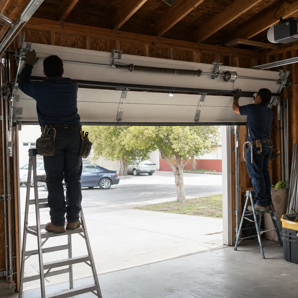 Technician using a power drill for professional garage door installation service.