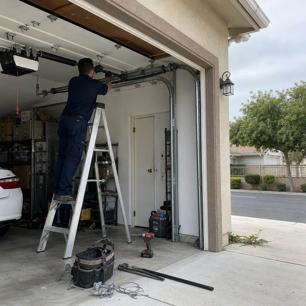 Professional technician performing residential garage door parts repair and maintenance.