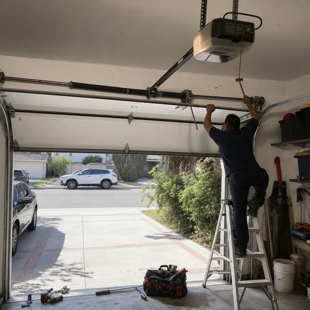 Technician performing professional garage door torsion spring repair