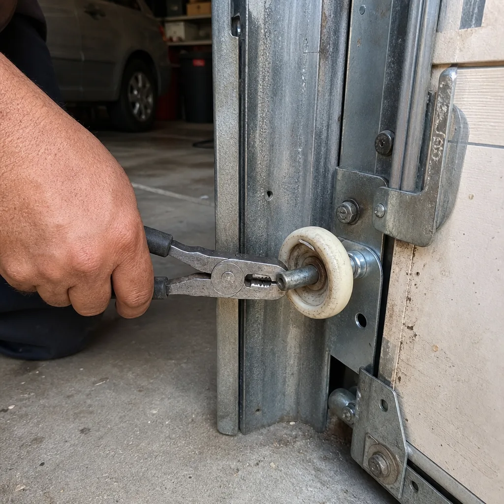 Technician performing garage door spring repair while on a ladder
