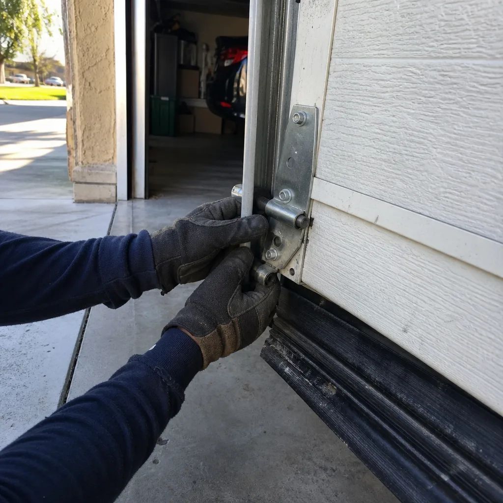 Technician performing emergency garage door repair on residential garage door track in Long Beach, CA